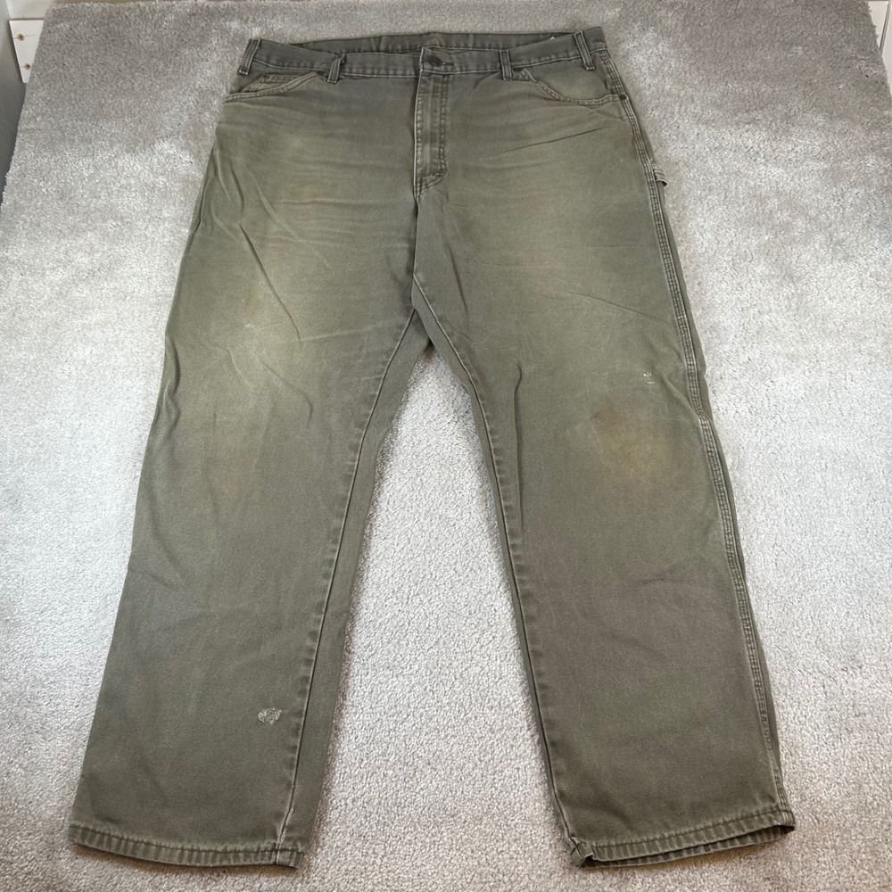 Dickies Carpenter Pants Mens 40x32 Olive Green Duck Canvas Distressed Utility